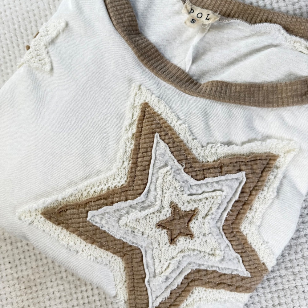 POL Clothing Women Star Patch Mixed Media Long Sleeve Top Cream Tan FKT1079 S